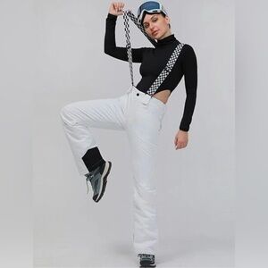 SMN White Ski Snowboard Pants with Checkered Suspenders